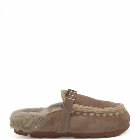 sabot da donna winter bio slide logo in vera pelle con logo lettering in metallo sul davanti beige 