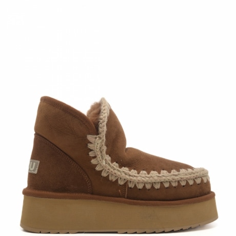 stivaletti da donna mini eskimo in vera pelle con cuciture in lana cognac