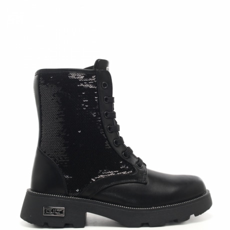 anfibi in pelle da bambina con paillettes nero argento 