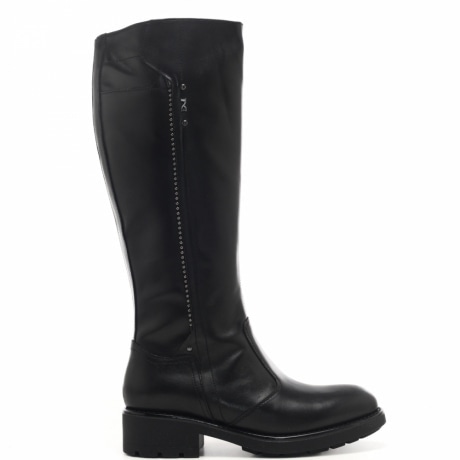 stivali alti da donna in pelle nera con chiusura con cerniera e inserto con borchie sul lato esterno 