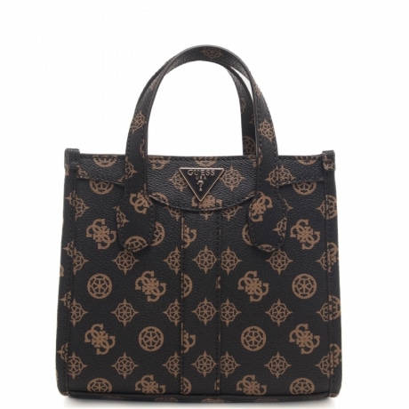 borsa a spalla da donna con logo all over e targhetta triangolare logata sul davanti nera e marrone 