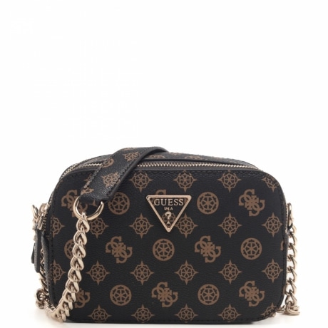  borsa a tracolla da donna con logo all over e targhetta triangolare logata sul davanti nera e marrone