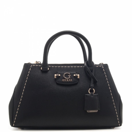 borsa a mano da donna con cuciture decorative sul davanti e dettagli dorati nera  