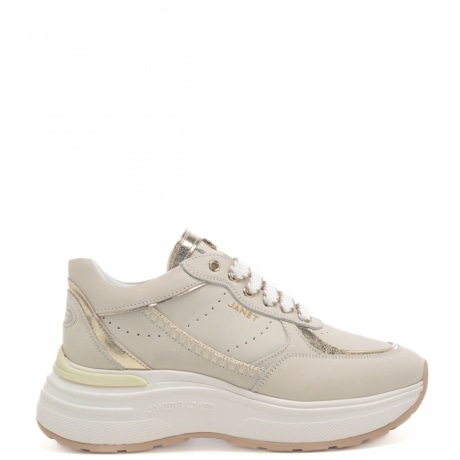 sneakers da donna in vera pelle con suola alta e inserti con cuciture beige oro