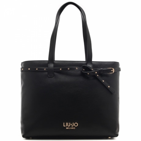 borsa tote da donna con cinturino con fibbia regolabile e borchie  nera 