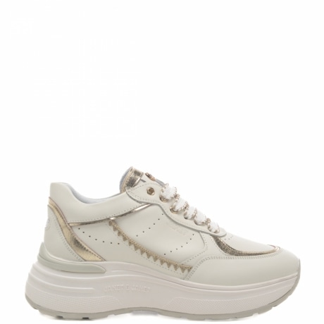 sneakers da donna in vera pelle con suola alta e inserti con cuciture bianco oro