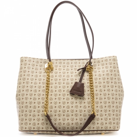shopping bag da donna con logo pattern all over, manici in pelle e manici in catena avorio marrone