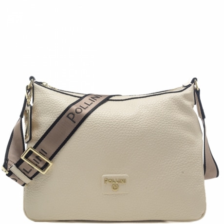 borsa a tracolla da donna con zip, effetto martellato e tracolla in tessuto logata avorio 