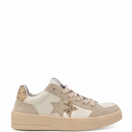 sneaker da donna in vera pelle con inserti glitter oro e profili a contrasto beige