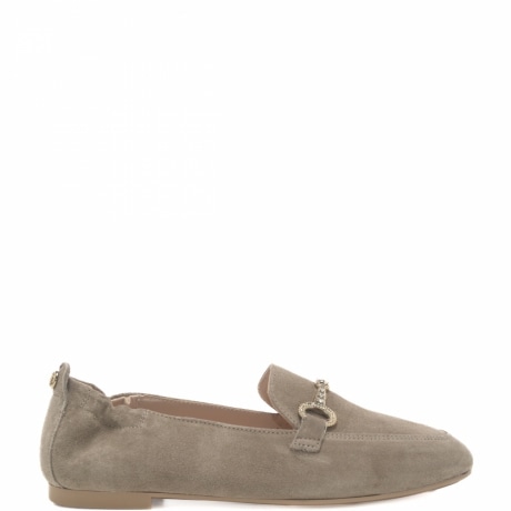 Mocassini da donna in vera pelle scamosciata e inserto con strass sul davanti beige 