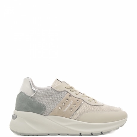 Sneakers da donna in vera pelle, camoscio e tessuto con inserto laminato sul retro grigie e beige chiaro 