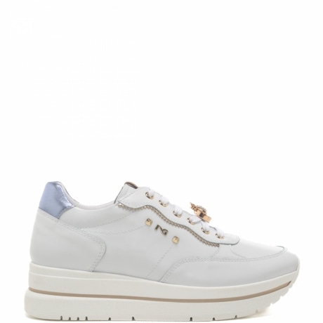 sneakers da donna in vera pelle con inserto a contrasto sul retro beige e azzurro