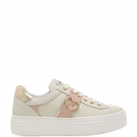  sneakers da donna in vera pelle con logo monogram sul lato esterno e inserti a contrasto crema e rosa 