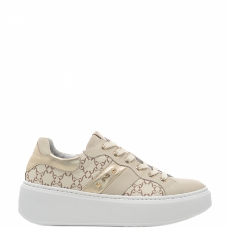 sneakers da donna in vera pelle con logo monogram all over a intreccio geometrico beige oro