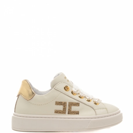 sneakers da bambina in vera pelle con nastri e dettagli dorati burro 
