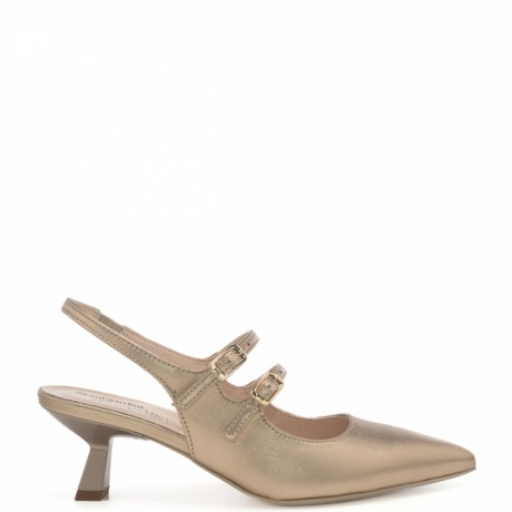 slingback da donna con tacco a rocchetto e doppio cinturino con fibbia oro 