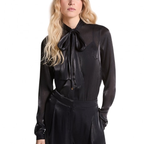 Blusa da donna in georgette increspato metallizzato con colletto con nastro nera