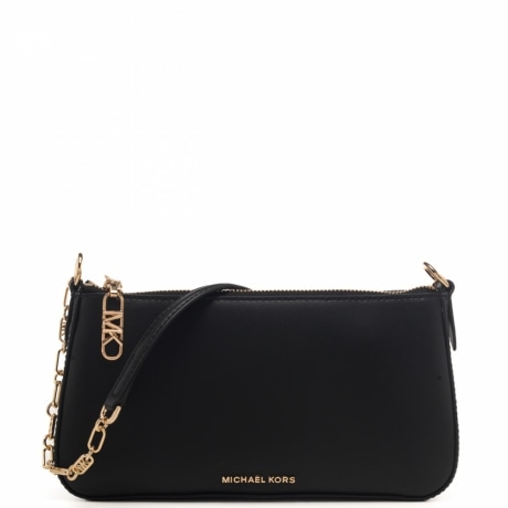 Pochette media da donna in vera pelle con catena e logo lettering sul davanti nera 