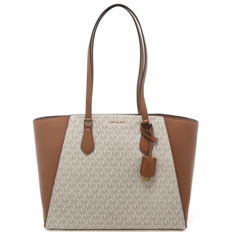 shopping bag da donna in vera pelle con profili a contrasto e logo monogram all over vaniglia