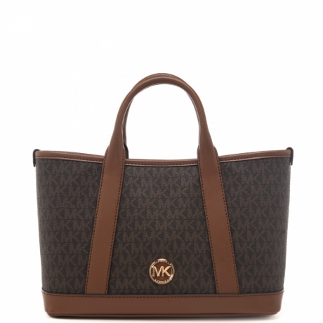 borsa a spalla da donna in vera pelle con logo monogram all over e inserti a contrasto marrone 