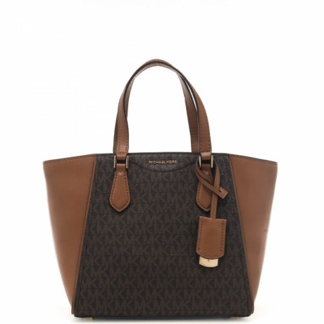 borsa a spalla piccola da donna con logo all over, manici e inserti in vera pelle acorn