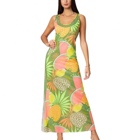 vestito lungo da donna in jearsey con stampa a fantasia multicolor