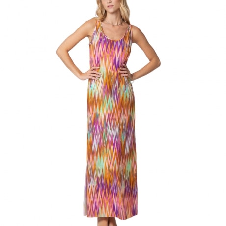vestito lungo da donna in jersey con stampa a fantasia viola e multicolor