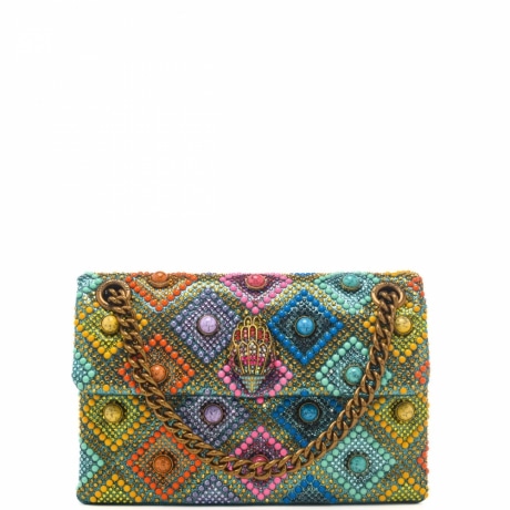 borsa a spalla da donna mini kensington in vera pelle con trama geometrica e gioielli turchese 