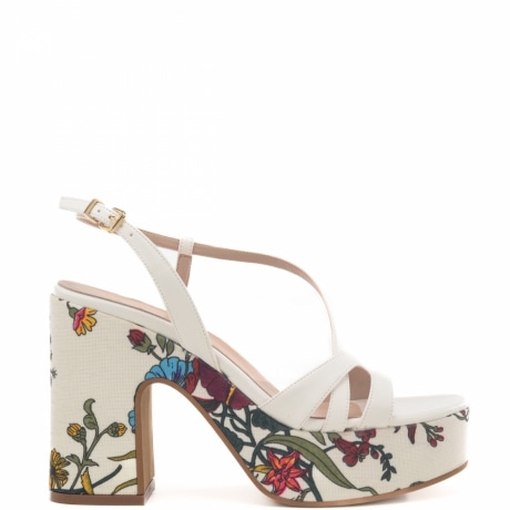 scarpe alte da donna con fantasia floreale e fascette a intreccio sul davanti bianche 