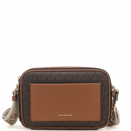 borsa a tracolla da donna con inserti a contrasto in pelle e logo monogram all over marrone acorn