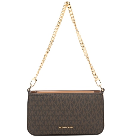 pochette da donna con logo monogram all over e manico con catena marrone acorn