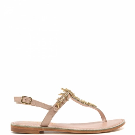 sandali bassi infradito da donna in vera pelle con inserti decorativi gioiello champagne