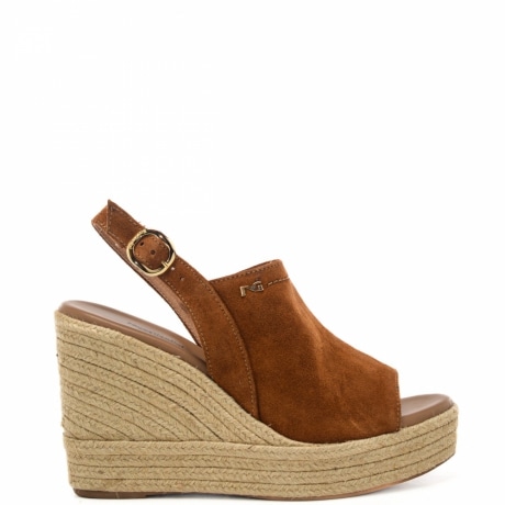 sandali alti da donna in suede con  logo monogram laterale e dettagli dorati marrone