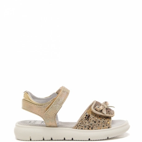 sandali da bambina in materiale tecnico e pelle con strass e paillettes sul davanti oro