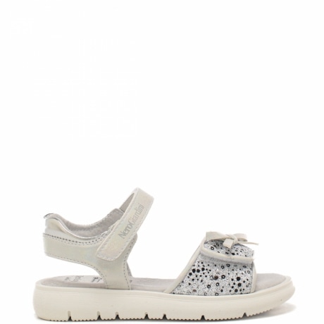 sandali da bambina in materiale tecnico e pelle con strass e paillettes sul davanti argento
