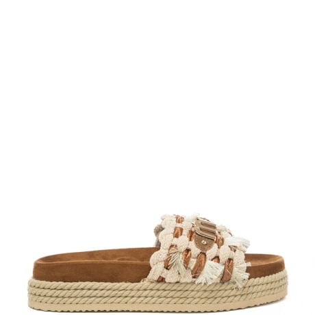 sandali da donna MONOBAND ROPE con frange e maxi logo lettering sul davanti beige