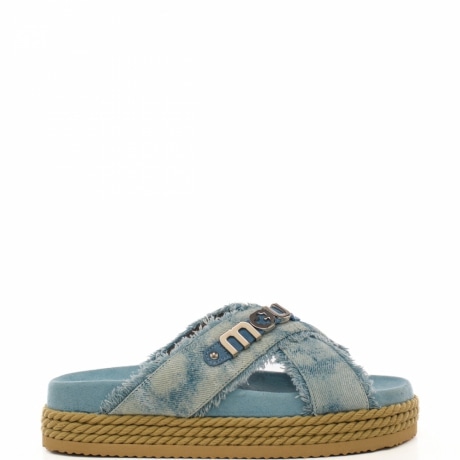 sandali da donna criss cross rope painte in denim con frange e maxi logo lettering sul davanti azzurro