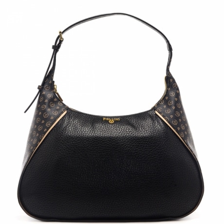 borsa a spalla da donna con effetto martellato e inserti pattern logo laterali nera 