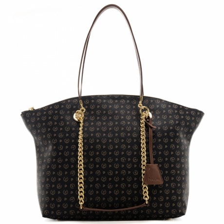 shopping bag da donna con logo pattern all over, manici in pelle e manici in catena nero marrone