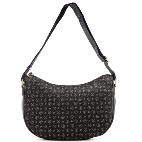 borsa a spalla da donna  con stampa heritage e manico logato in tessuto nero nero