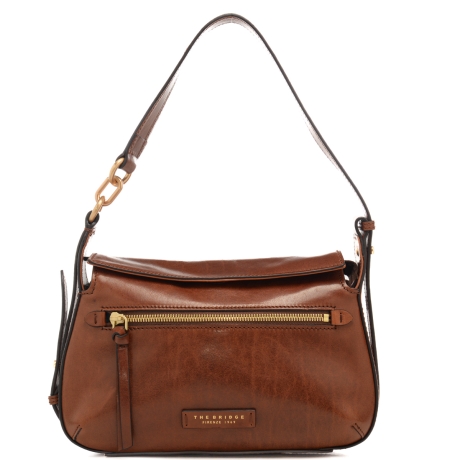 borsa a spalla da donna in vera pelle con tasca frontale con zip cuoio