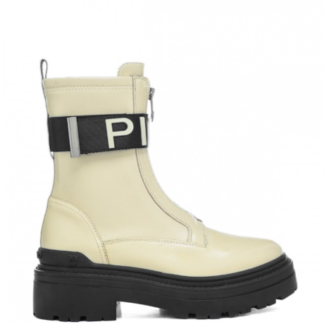 anfibi da donna mia 13 in vera pelle con chiusura con zip e fascia logata regolabile yogurt 