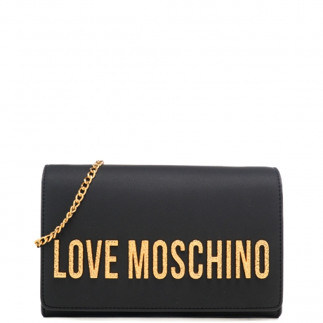 borsa a tracolla da donna con maxi logo lettering in metallo dorato scabro nera