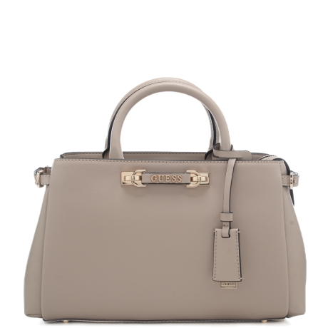 borsa a mano da donna con logo lettering in metallo sul davanti e tracolla rimovibile beige 