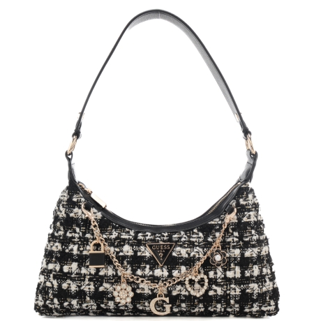 borsa hobo da donna con trama in tessuto intrecciato e catena con charm sul davanti nera multi 