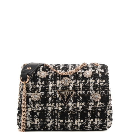 borsa a tracolla da donna con trama in tessuto intrecciato e applicazioni  fiore con strass sul davanti nera multi 