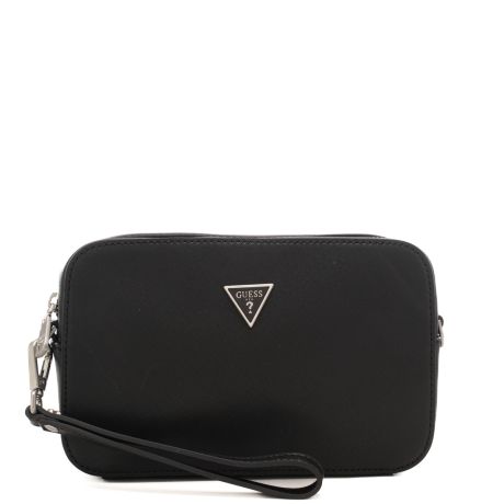 pochette da uomo con tracolla rimovibile e triangolo logato in metallo sul davanti nera 