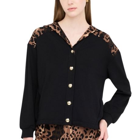 FELPA APERTA da donna con cappuccio e inserti animalier nera 