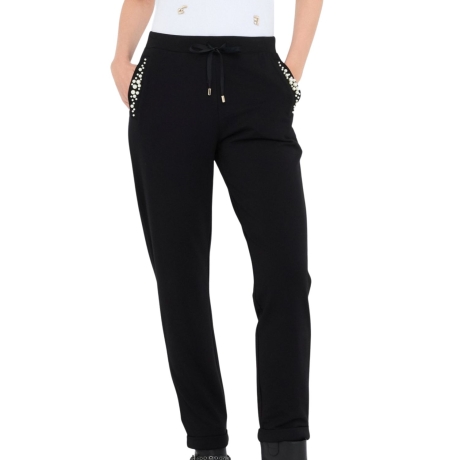 pantaloni FELPA lunghi da donna con inserti perle sui profili delle tasche neri 