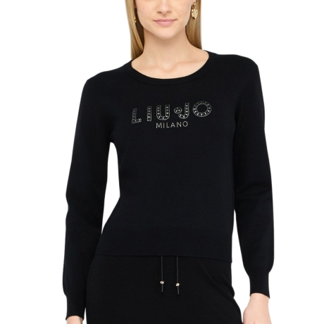 MAGLIA CHIUSA da donna con pietre e strass applicati sul davanti nera 